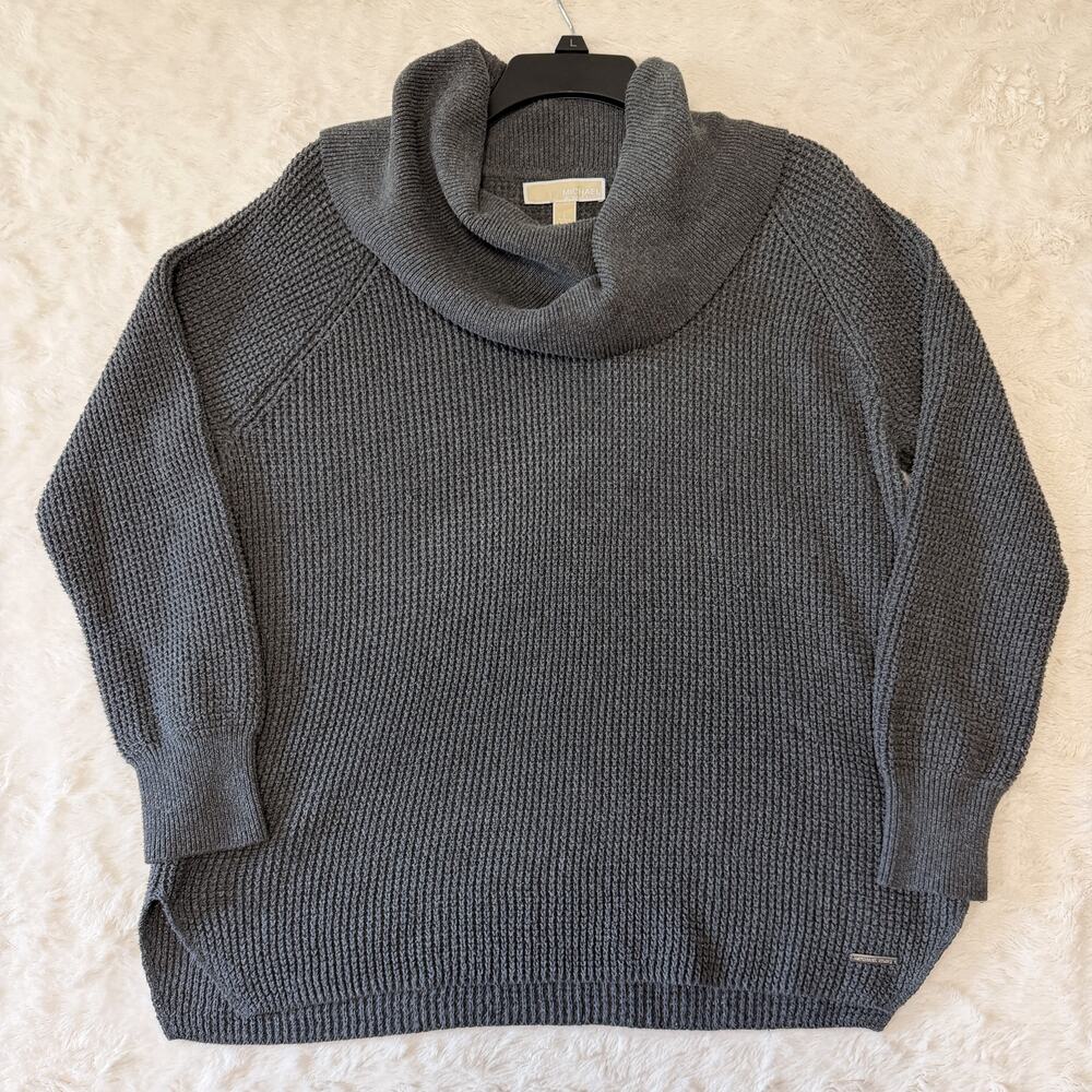 MICHAEL KORS Sweater Blouse Womens Large Gray Cowl Neck Knit Comfy Pullover Logo